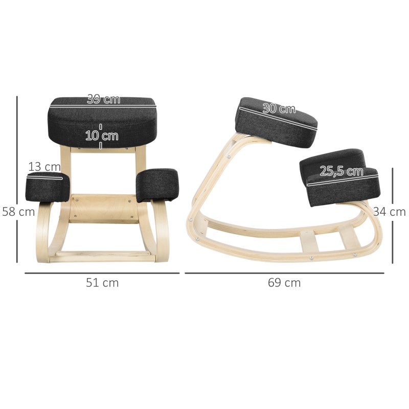 Ergonominen polvituoli työtuoli koivua 51 x 69 x 58 cm 120 kg musta