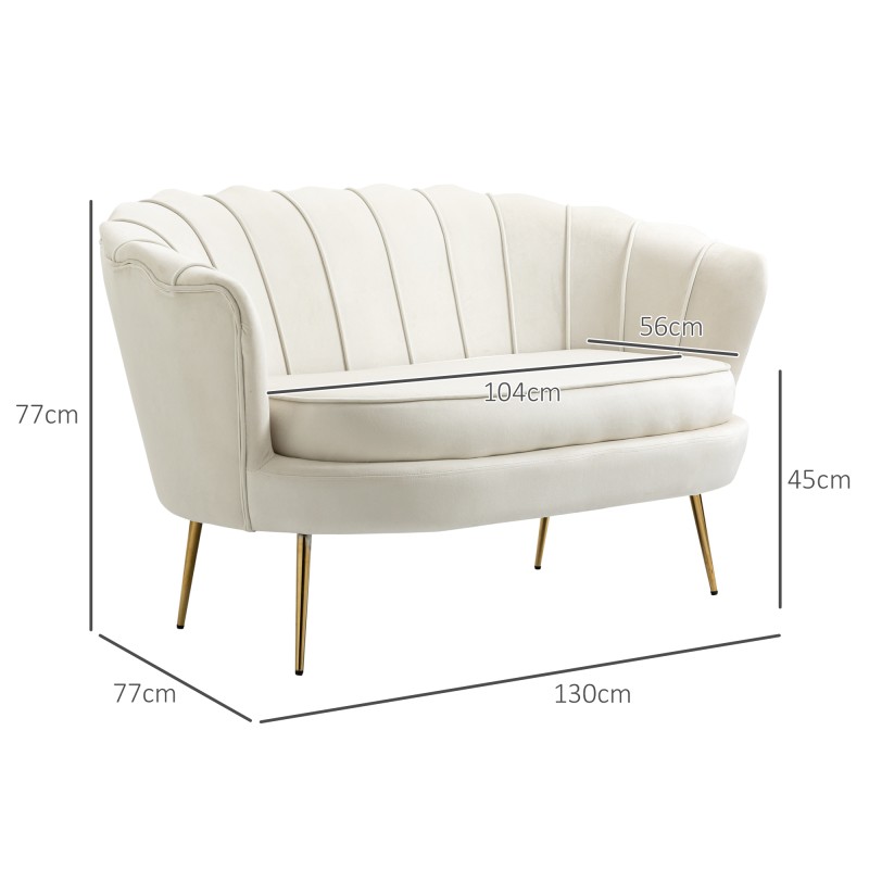 Kaksipaikkainen vintage-sohva, samettimainen kangas, metallirunko, 130 x 77 x 77 cm, creme/kulta