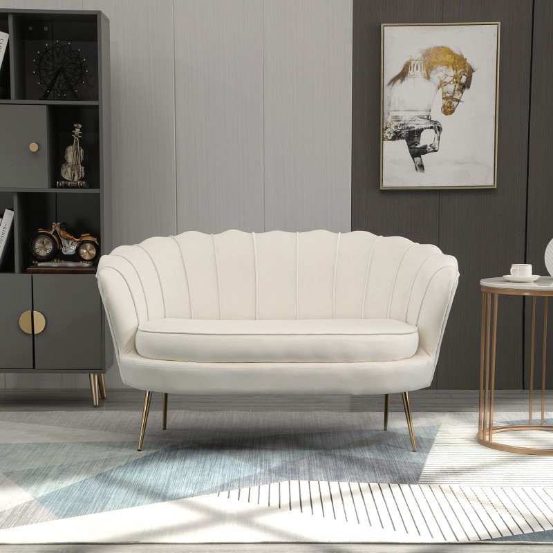 Kaksipaikkainen vintage-sohva, samettimainen kangas, metallirunko, 130 x 77 x 77 cm, creme/kulta