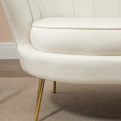Kaksipaikkainen vintage-sohva, samettimainen kangas, metallirunko, 130 x 77 x 77 cm, creme/kulta