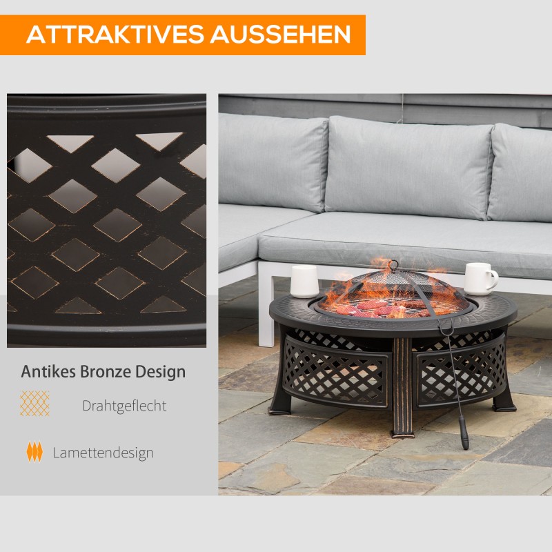 Pyöreä tulipöytä ja tulisija ulkokäyttöön, teräs, 81 x 81 x 50 cm, musta/pronssi