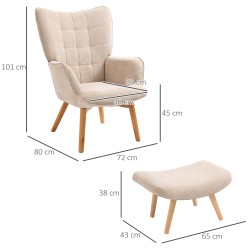 Nojatuoli ja rahi olohuoneeseen, cord-tyylinen kangas, puujalat, beige