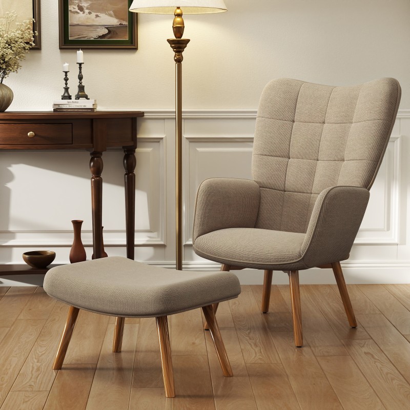 Nojatuoli ja rahi olohuoneeseen, cord-kangas, puujalat, vaaleanruskea