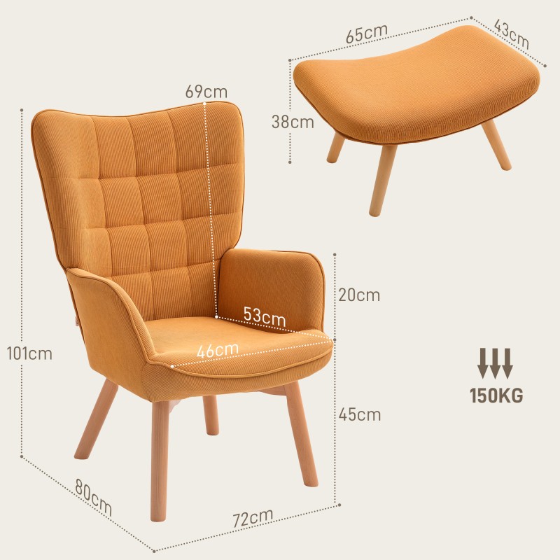 Lepotuoli ja rahi olohuoneeseen, cord-tyyli, pyökkijalat, 2-osainen setti, ruskea