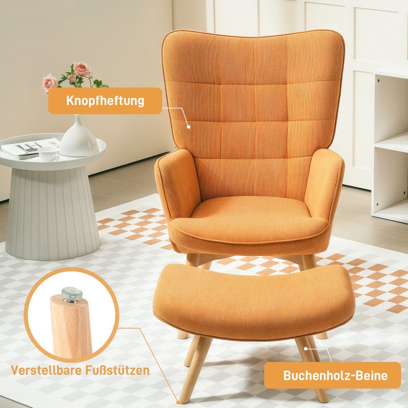 Lepotuoli ja rahi olohuoneeseen, cord-tyyli, pyökkijalat, 2-osainen setti, ruskea