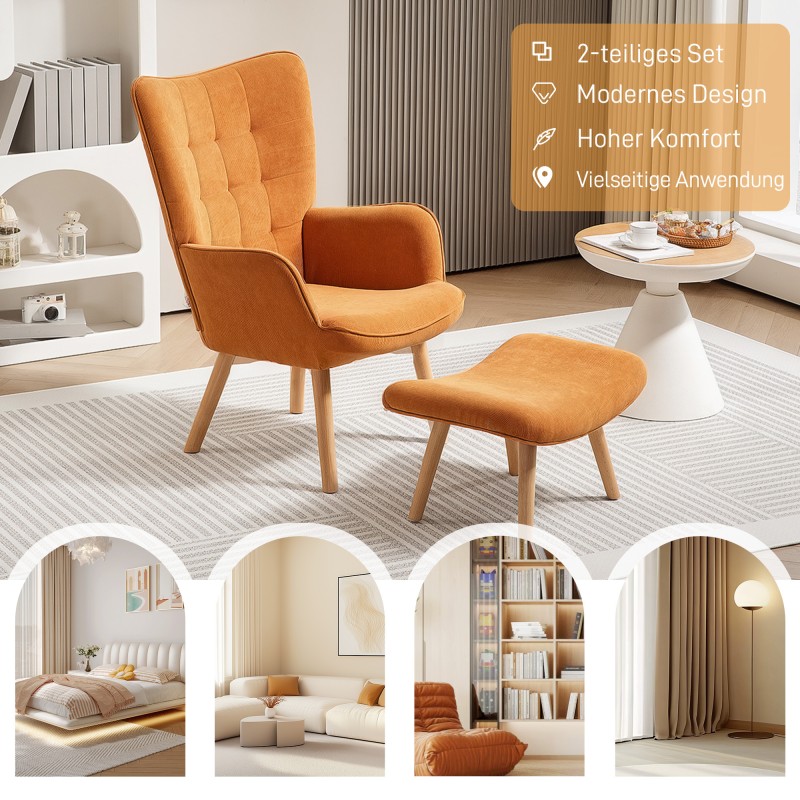 Lepotuoli ja rahi olohuoneeseen, cord-tyyli, pyökkijalat, 2-osainen setti, ruskea