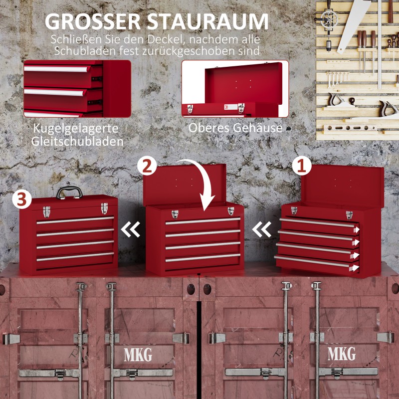 Työkalulaatikko 4 laatikkoa ja yläosan säilytystila teräs 51x22x39,5 cm punainen