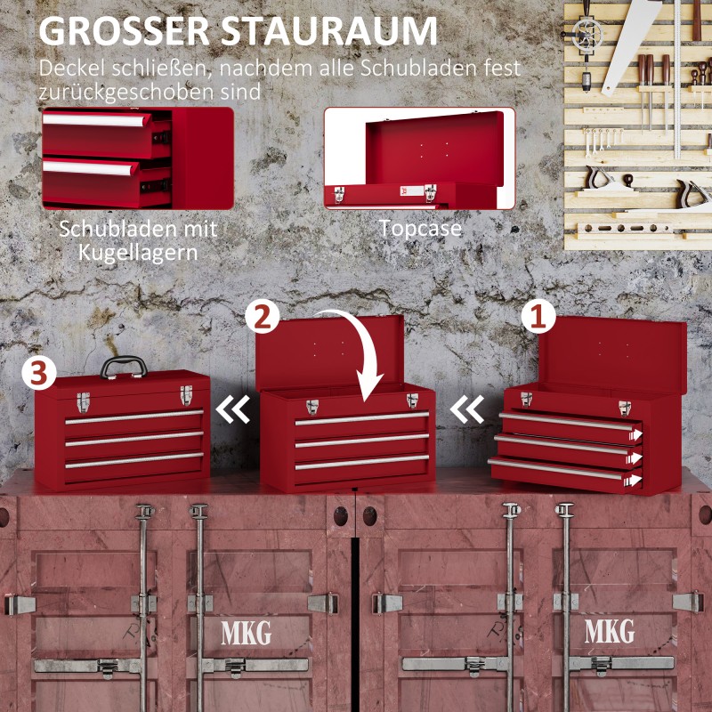 Metallinen työkalulaatikko 3 vetolaatikolla ja yläosan lokerolla 51 x 22 x 32 cm punainen
