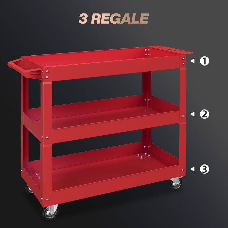 Työkalukärry 3-tasoinen, kylmävalssattu teräs, 83 x 35,3 x 76 cm, punainen
