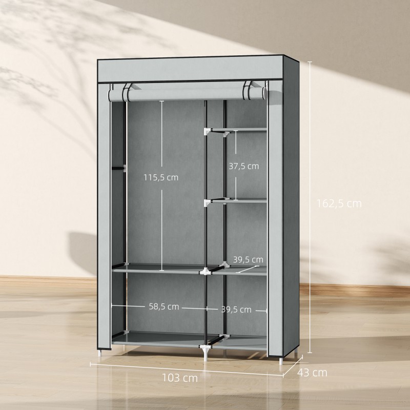 Kankainen vaatekaappi 6 hyllyä ja ripustustanko harmaa 103 x 43 x 162,5 cm