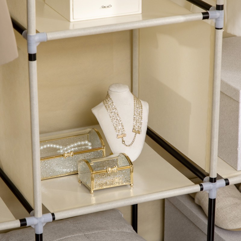 Kangasvaatekaappi 8 hyllyä ja 2 vaatetankoa teräsrungolla 125 x 43 x 162,5 cm beige