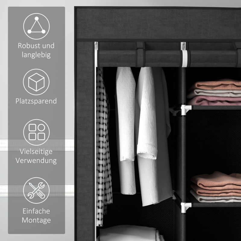 Kangasvaatekaappi 8 hyllyä ja 2 vaatetankoa 125 x 43 x 162,5 cm musta