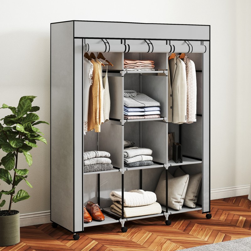 Kangaspintainen vaatekaappi, 8 hyllyä ja 2 ripustustankoa, teräsrunko, 125 x 43 x 162,5 cm, vaaleanharmaa