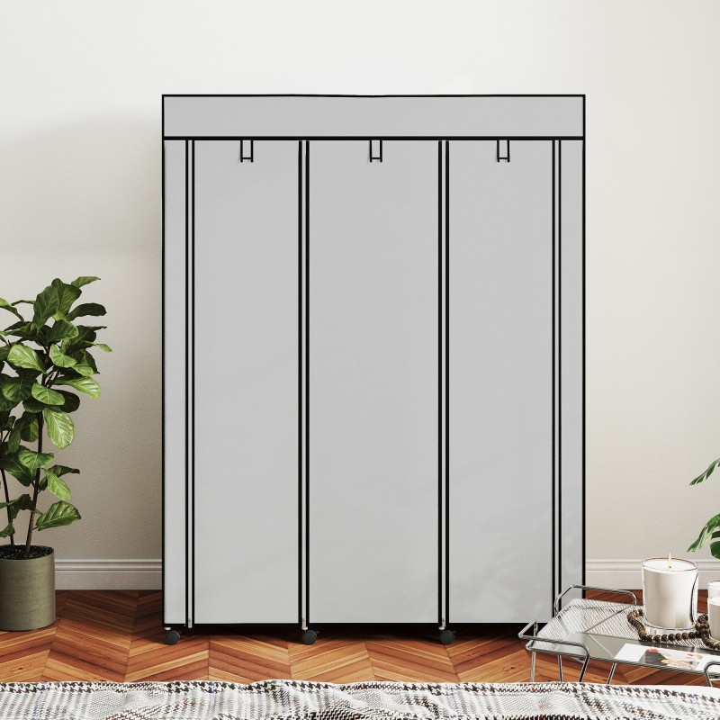 Kangaspintainen vaatekaappi, 8 hyllyä ja 2 ripustustankoa, teräsrunko, 125 x 43 x 162,5 cm, vaaleanharmaa