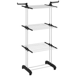 Pyykinkuivausteline 4 tasoa teräs 73 x 64 x 177 cm musta taittuva ja pyörillä