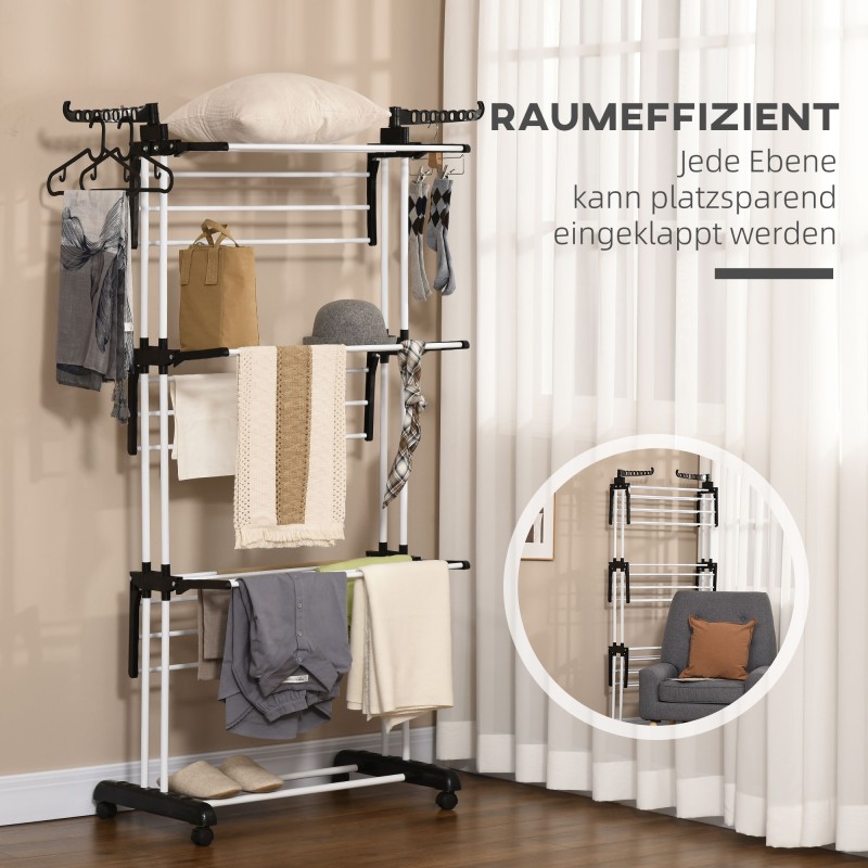 Pyykinkuivausteline 4 tasoa teräs 73 x 64 x 177 cm musta, taittuva ja pyörillä