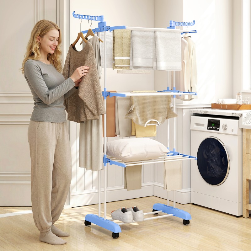 Pyykkiteline 4-tasoinen teräs 73 x 64 x 177 cm sininen-valkoinen, pyörillä ja taitettava