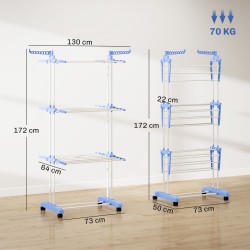 Pyykkiteline 4-tasoinen teräs 73 x 64 x 177 cm sininen-valkoinen, pyörillä ja taitettava