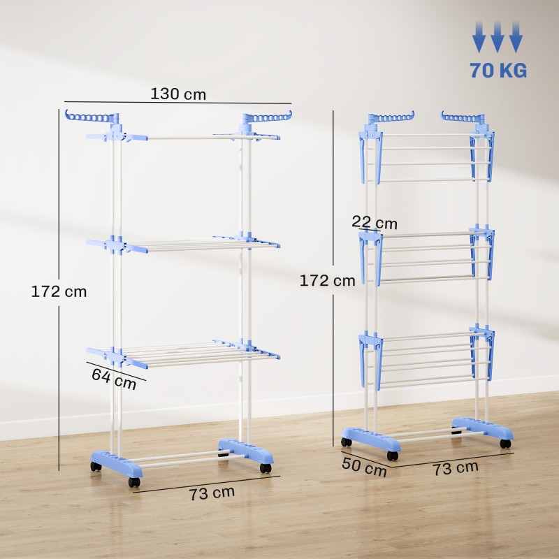 Pyykkiteline 4-tasoinen teräs 73 x 64 x 177 cm sininen-valkoinen, pyörillä ja taitettava