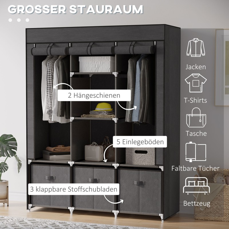 Kangaskaappi vaatteille, teräsrunko ja vlies-päällinen, 125 x 43 x 162,5 cm, tummanharmaa