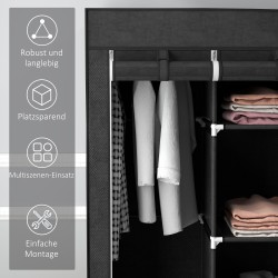 Kangaskaappi vaatesäilytykseen, teräsrunko ja kuitukangas, 125 x 43 x 162,5 cm, musta, 3 laatikkoa