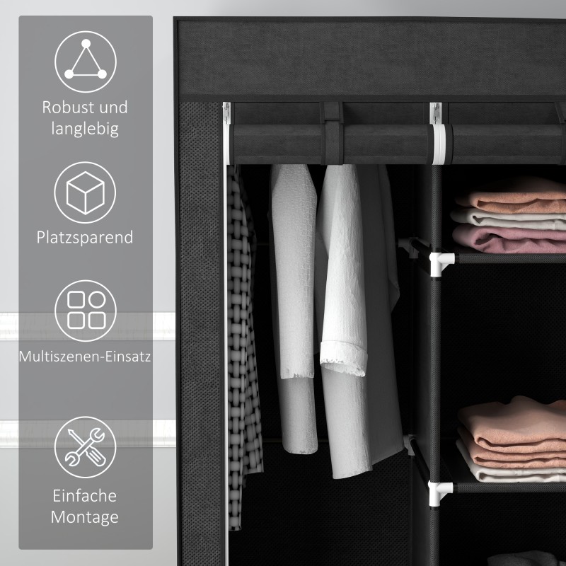 Kangaskaappi vaatesäilytykseen, teräsrunko ja kuitukangas, 125 x 43 x 162,5 cm, musta, 3 laatikkoa