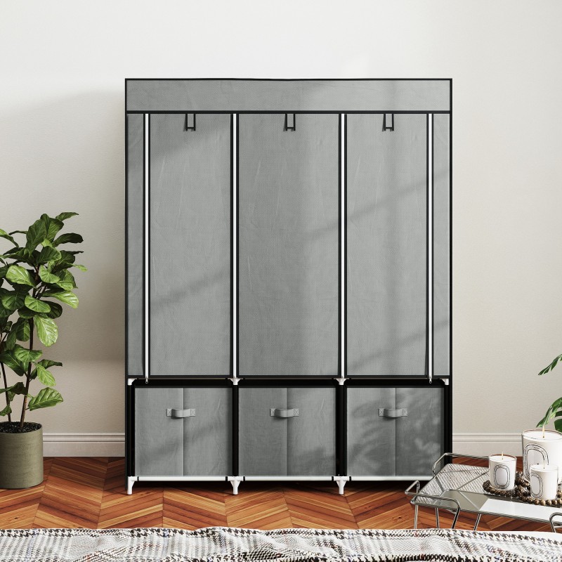 Kangasvaatekaappi vlies-kankaasta, 3 laatikkoa, teräsrunko, 125 x 43 x 162,5 cm, vaaleanharmaa