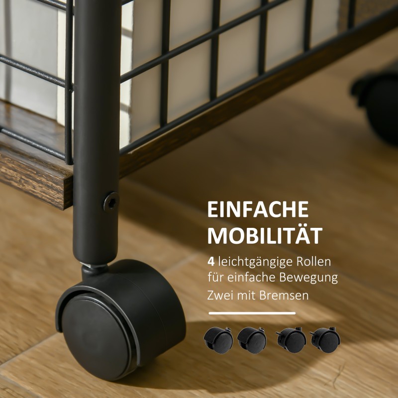 Keittiövaunu teräs ja puukuvio 40 x 30 x 62 cm, 1 hylly, teräskori, pyörillä, musta/ruskea