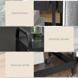 Monikäyttöinen keittiökärry vetolaatikolla ja hyllyllä, metallirunko, 4 pyörää, musta