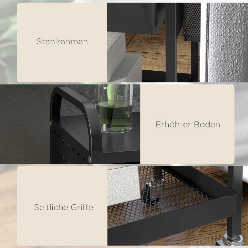 Monikäyttöinen keittiökärry vetolaatikolla ja hyllyllä, metallirunko, 4 pyörää, musta