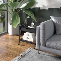 Monikäyttöinen keittiökärry vetolaatikolla ja hyllyllä, metallirunko, 4 pyörää, musta