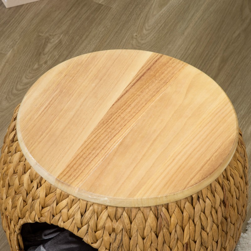 Kissan maja ja jakkara vesihyasintista, pesäkolo ja pestävä tyyny, 44 x 43 x 42 cm, vaaleanruskea/luonnonpuu/harmaa