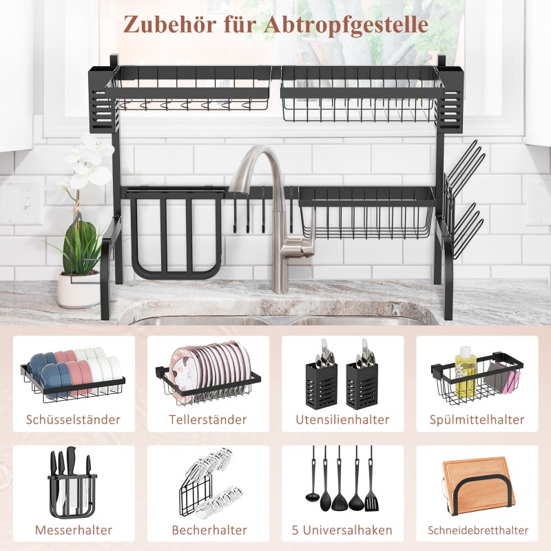 Astiankuivausteline altaan päälle, modulaarinen metallinen teline, 81,5 x 31,5 x 53,5 cm, musta