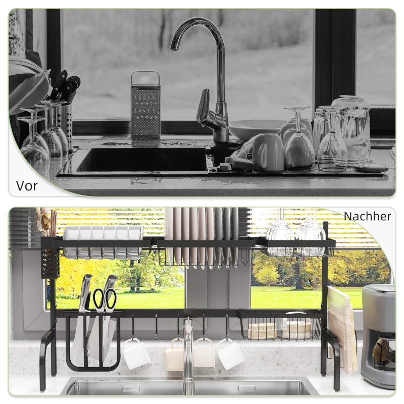 Tiskialtaan päälle tuleva kuivausteline, säädettävä 51–93 cm, teräs, 93 x 30 x 52 cm, musta