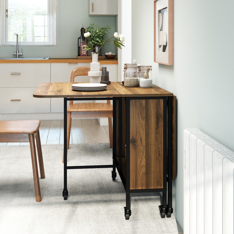 Taittopöytä pyörillä, lastulevy/metalli, 130 x 80 x 74 cm, ruskea