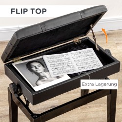 Pianotuoli säädettävä, säilytystilalla, keinonahka, puurunko, musta