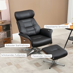 Lepotuoli jalkarahilla, keinonahka, kallistuva ja 360° kääntyvä, musta, 80 x 84 x 108 cm