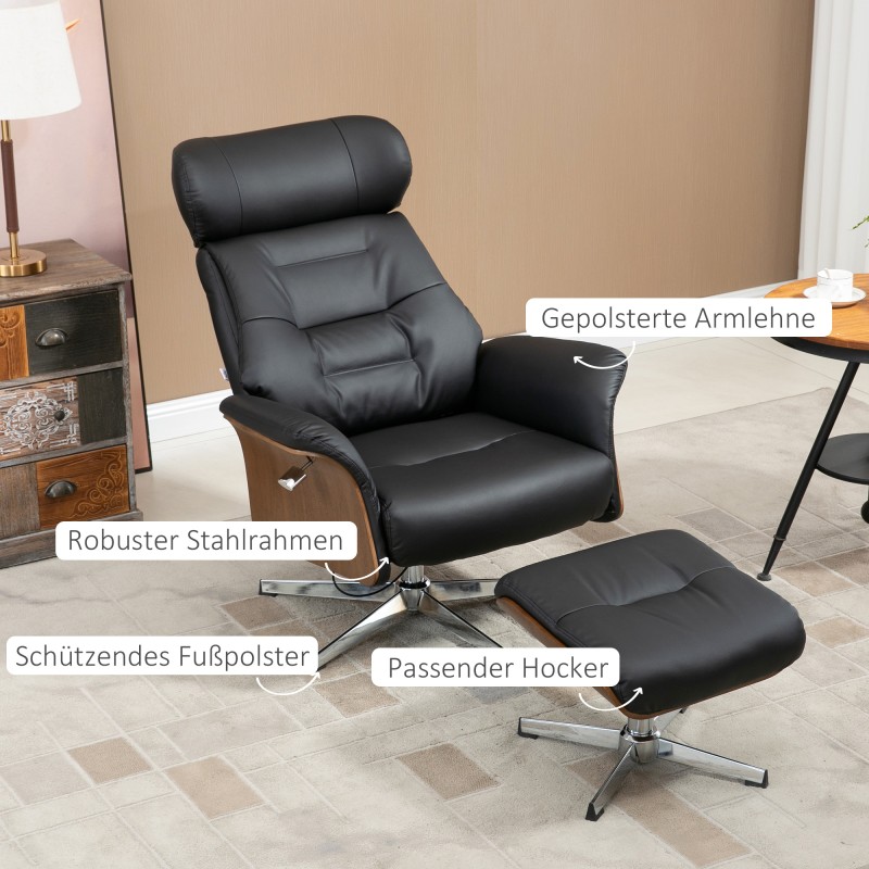 Lepotuoli jalkarahilla, keinonahka, kallistuva ja 360° kääntyvä, musta, 80 x 84 x 108 cm