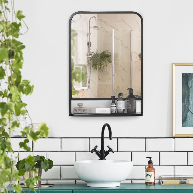 Seinäpeili hyllyllä, metallikehys, suorakaide 70 x 10,2 x 50 cm, musta/hopea