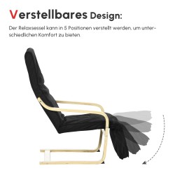 Lepotuoli säädettävällä jalkatuella, koivurunko, polyesteriverhoilu, musta, 66,5 x 94 x 100 cm