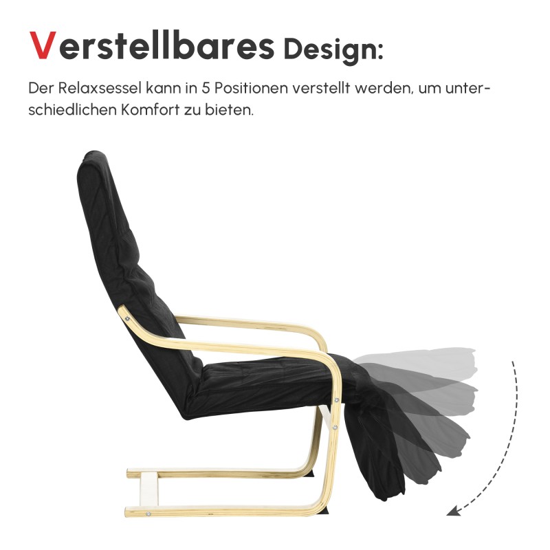 Lepotuoli säädettävällä jalkatuella, koivurunko, polyesteriverhoilu, musta, 66,5 x 94 x 100 cm