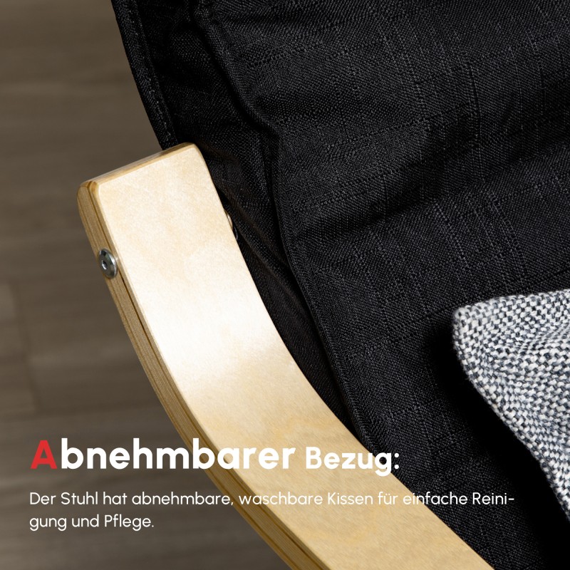 Lepotuoli säädettävällä jalkatuella, koivurunko, polyesteriverhoilu, musta, 66,5 x 94 x 100 cm