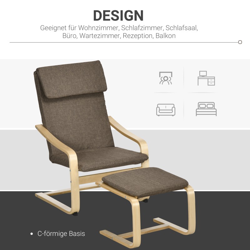 Nojatuoli ja jalkarahi setti, pellavamainen kangas, eukalyptusrunko, ruskea/luonnonvärinen puu