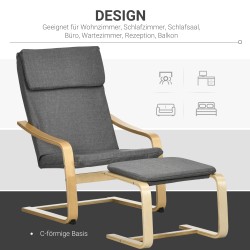 Nojatuoli ja jalkarahi -setti, puurunko, pellavamainen kangas, harmaa/luonnonvärinen, kantavuus 120 kg