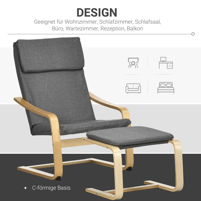 Nojatuoli ja jalkarahi -setti, puurunko, pellavamainen kangas, harmaa/luonnonvärinen, kantavuus 120 kg