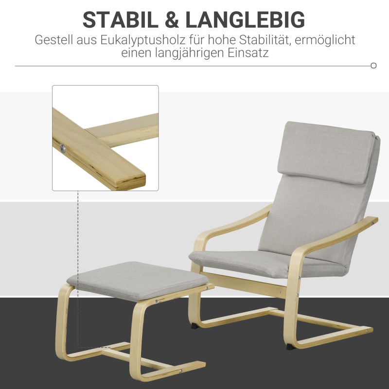 Nojatuoli ja rahi, pellavakankaan näköinen verhoilu, puurunko, max 120 kg, vaaleanharmaa/luonnonvärinen