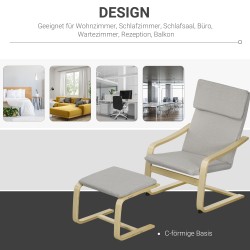 Nojatuoli ja rahi, pellavakankaan näköinen verhoilu, puurunko, max 120 kg, vaaleanharmaa/luonnonvärinen