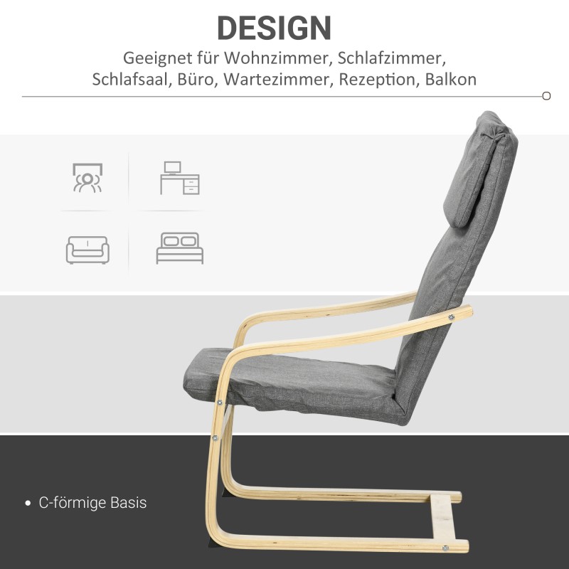 Nojatuoli niskatuella ja käsinojilla, pellavakuosia muistuttava kangas, eukalyptuspuurunko, harmaa/luonnonpuu