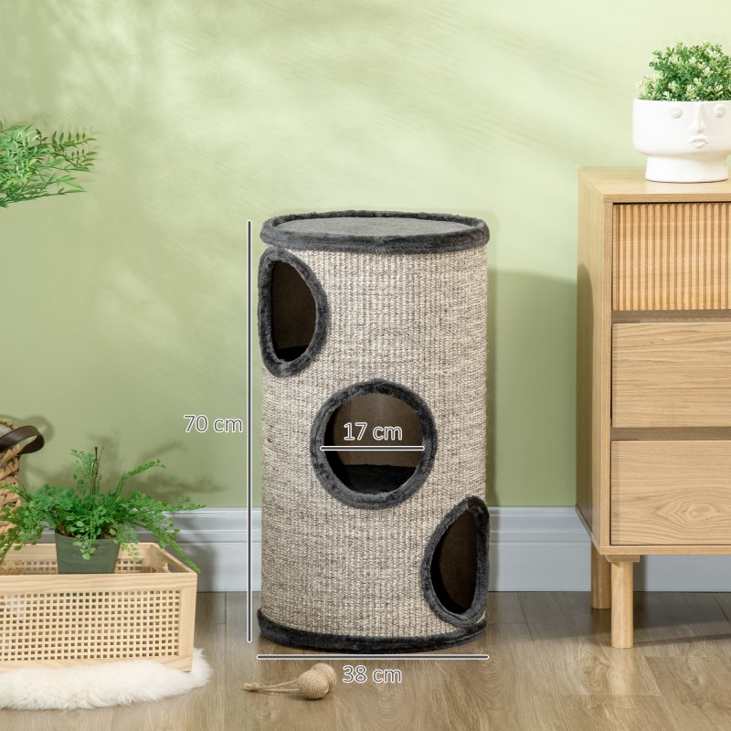 Kissan raapimispiippu 3 tasoa sisal-köysi ja plyysi Ø38 x 70 cm vaaleanharmaa