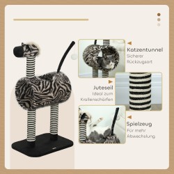Raapimispuu kissalle zebra-kuosi, 3 raapimistolppaa ja tunneli, 48,5 x 35 x 93 cm, musta valkoinen